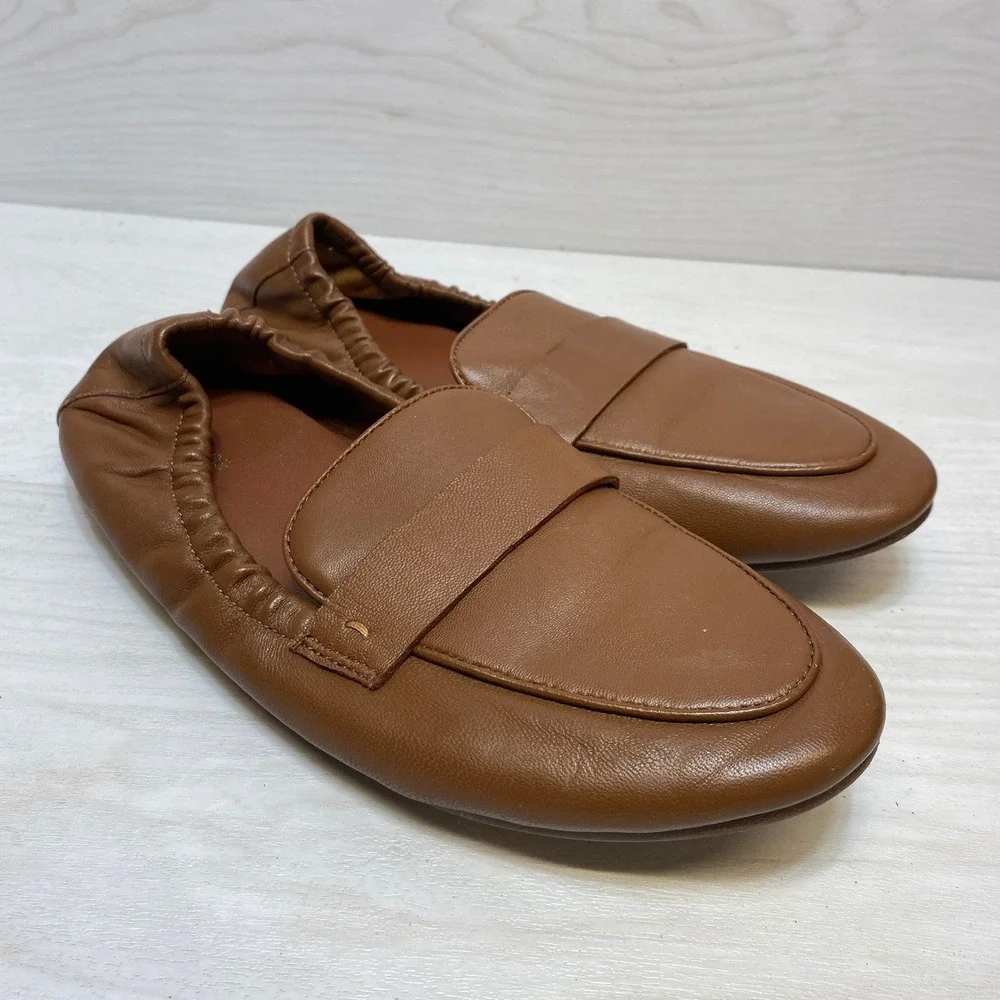 Quince‎ Italian Leather Pointe Loafer Cognac Brown Elastic Flat Shoes Womens 8